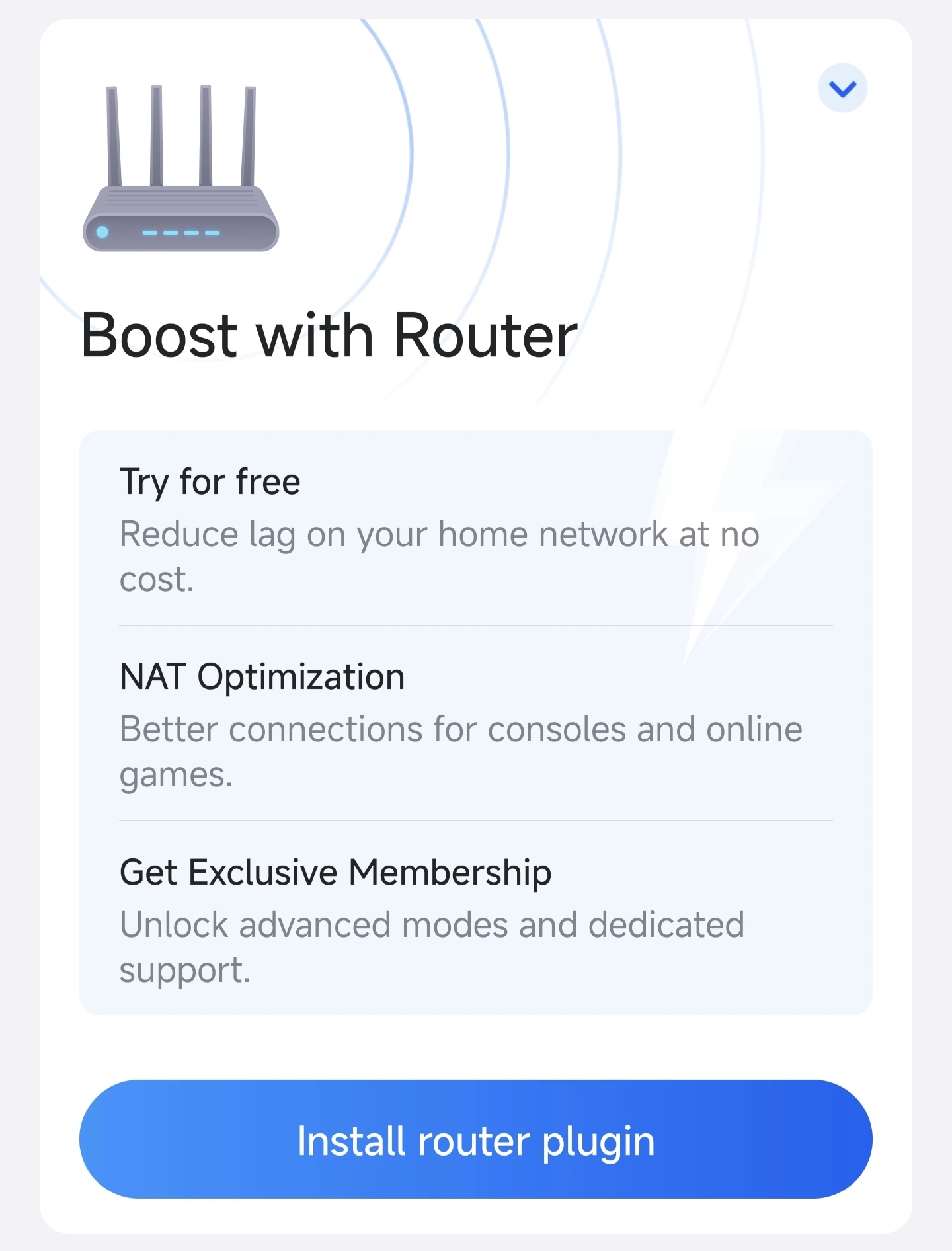 Installing the GearUP Plugin on an ASUS router: the Boost with Router card in the GearUP Router App