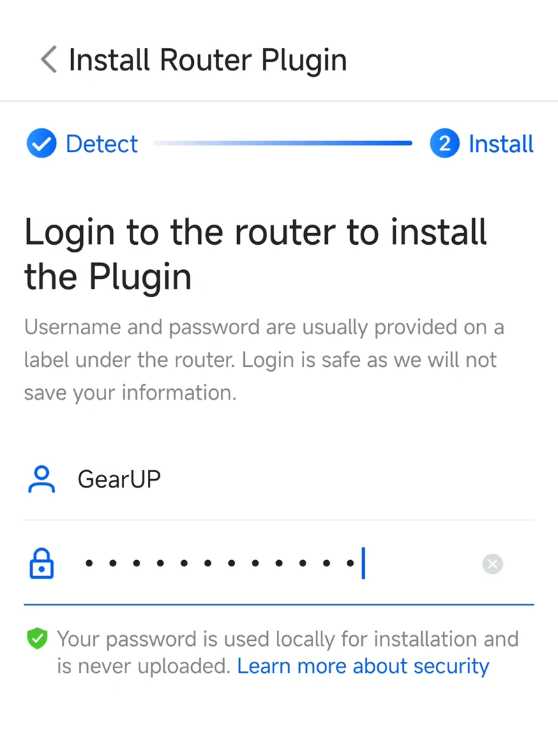 Signing in to an ASUS router from the GearUP Router App to install the plugin