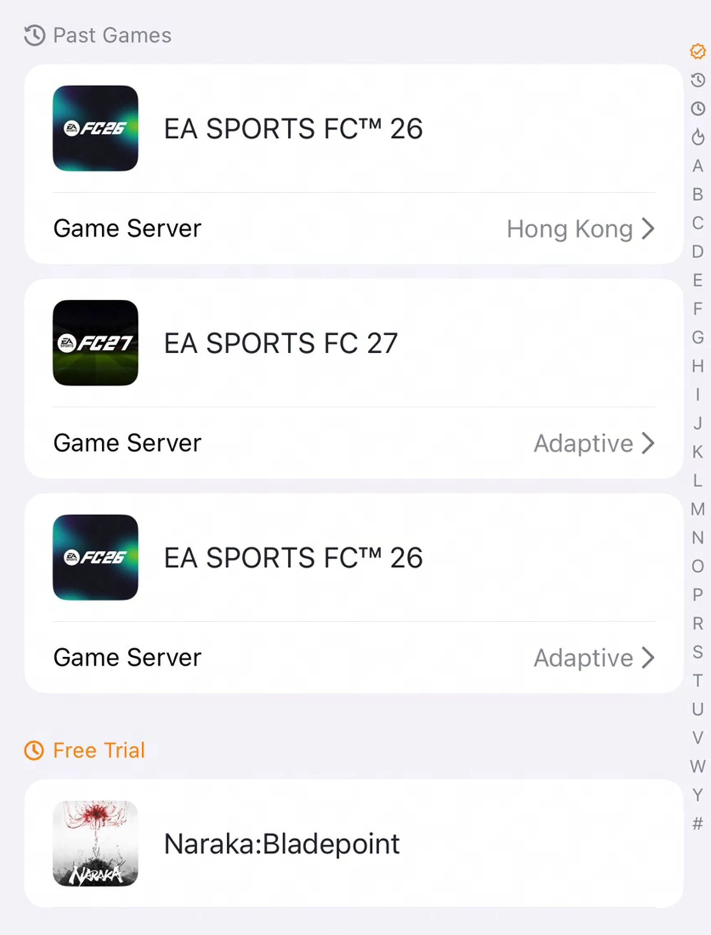 Choosing a game to boost in the GearUP Router App: a list of supported titles with an alphabetical index