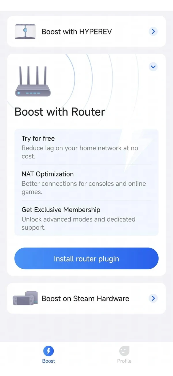 GearUP app Boost tab with the Install router plugin button