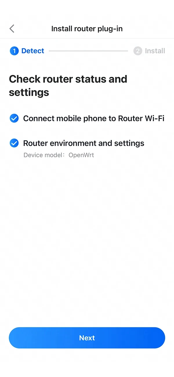 GearUP app detecting the router: phone on router Wi-Fi, device model OpenWrt