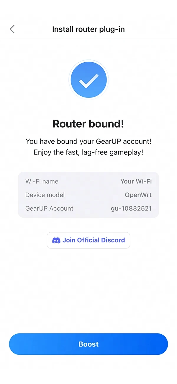 GearUP app confirming the router is bound to the account