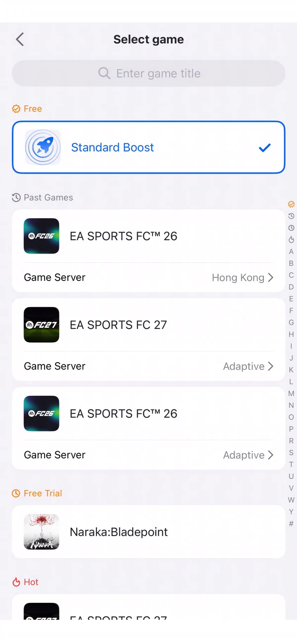 GearUP app game list with Standard Boost selected and the server region
