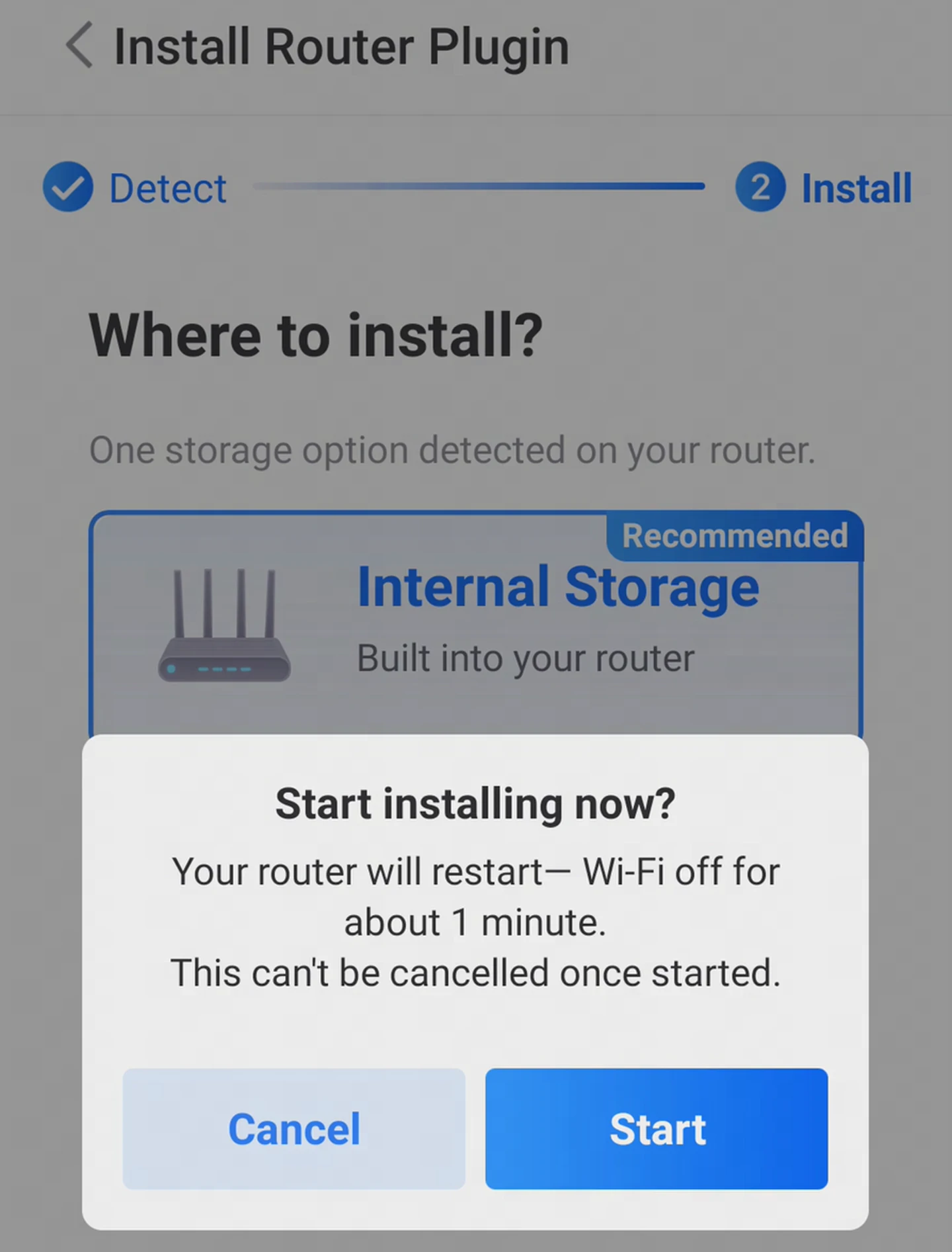 The GearUP Router App asking where to install the plugin on a Keenetic router, with internal storage marked Recommended and the Start confirmation below it