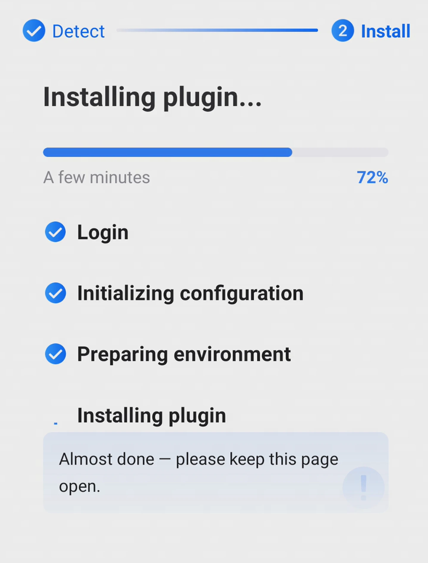 The GearUP Router App installing the plugin on a Keenetic router, at 72% with the sign-in, configuration and environment checks already done