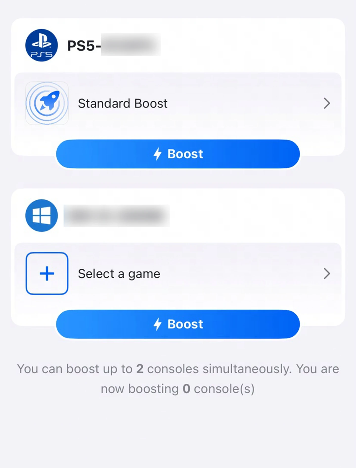Choosing a device to boost in the GearUP Router App: a PS5 and a PC, each with its own Boost button