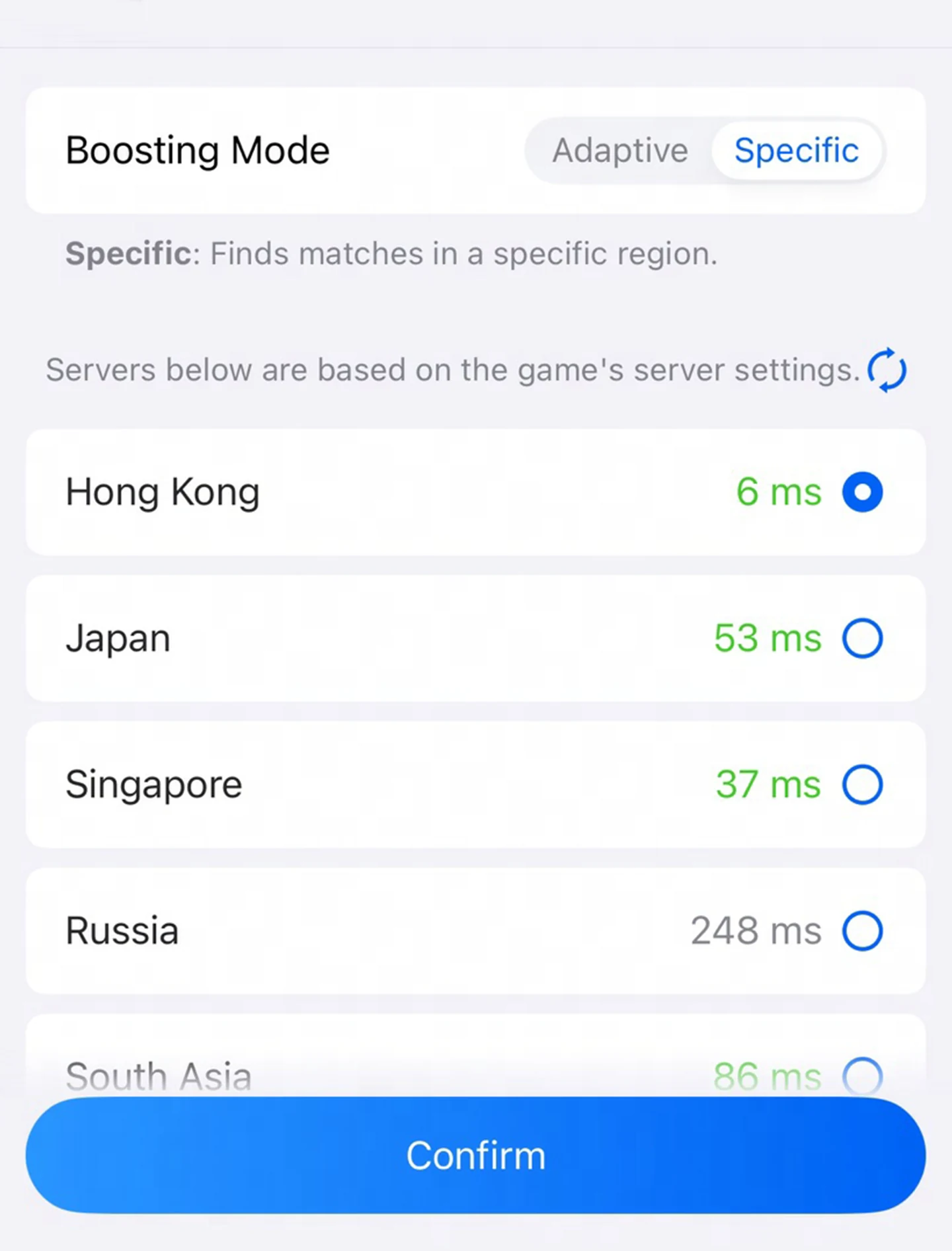 Choosing a game server region for a ZTE router in the GearUP Router App