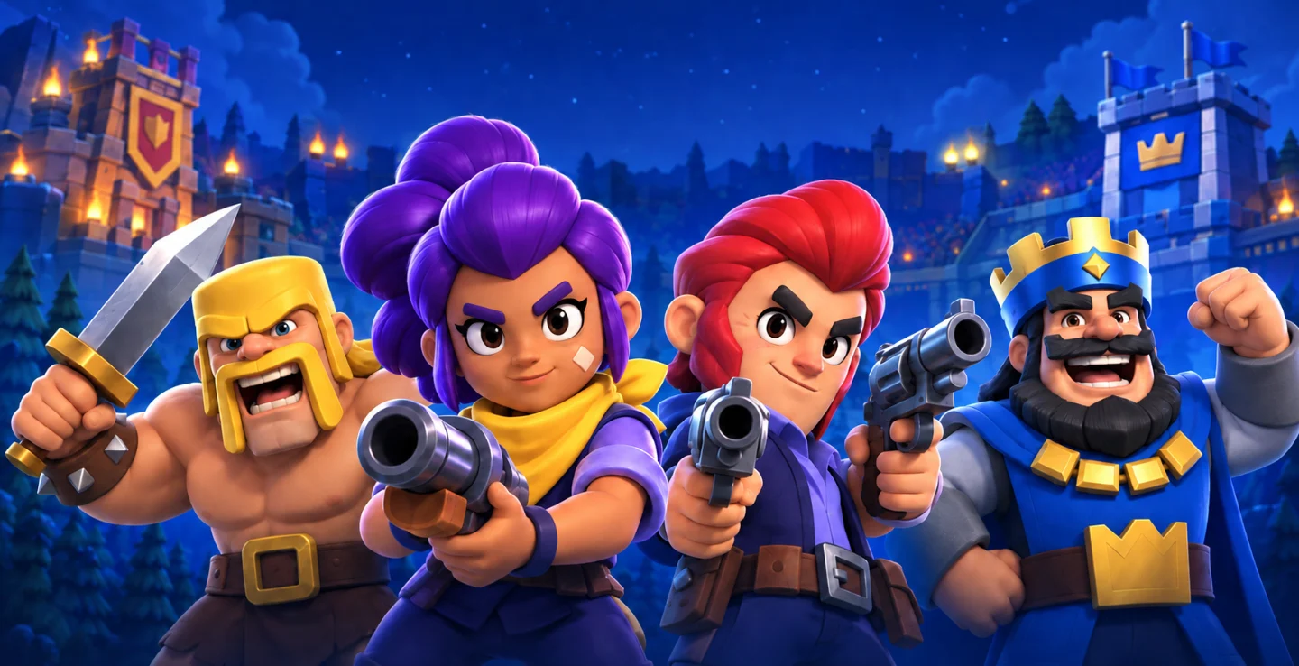 Brawl Stars heroes Shelly and Colt with Clash of Clans and Clash Royale characters